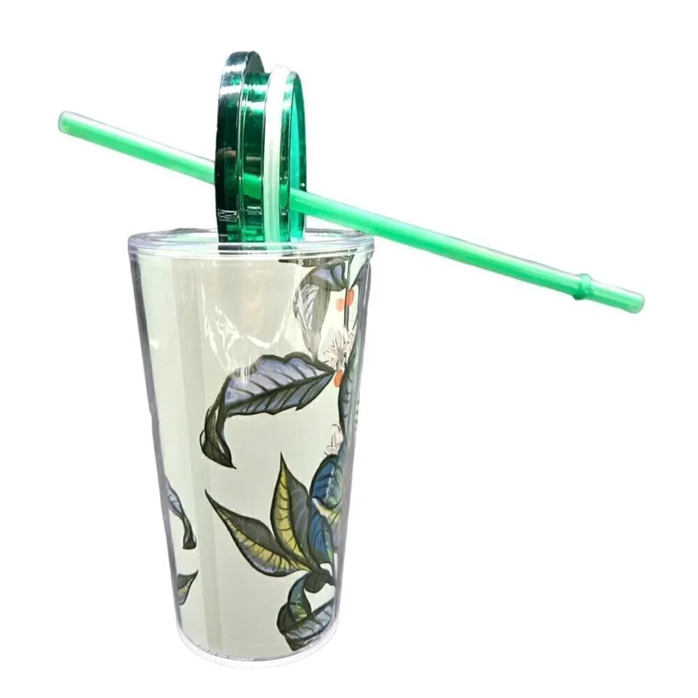 2021 Starbucks Tumbler Cup 16 ozs Seal‎ Lid Straw Green Orange Floral Tropical